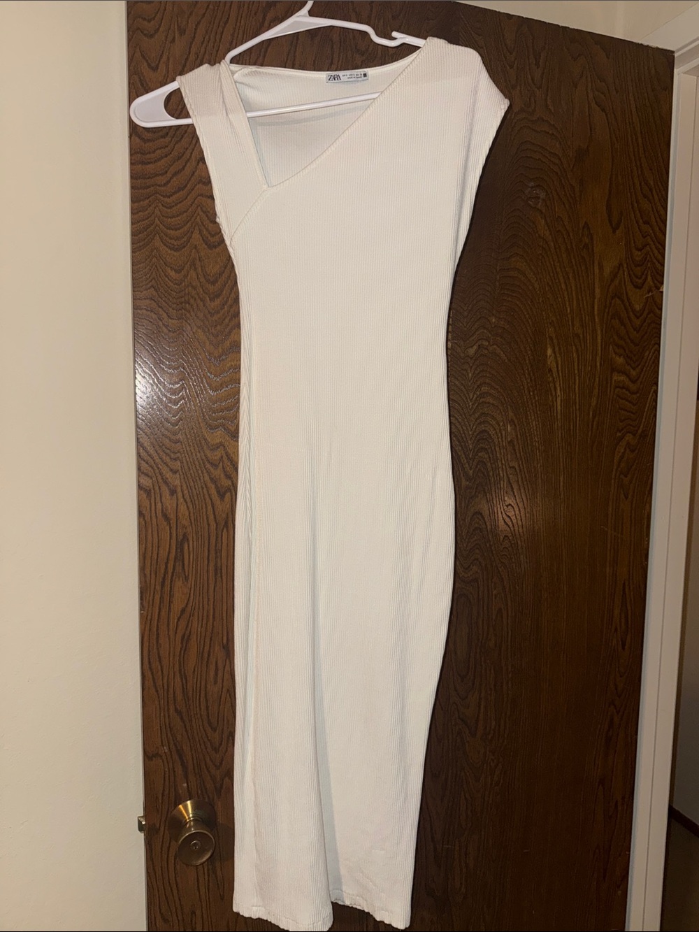 Zara White Asymmetric Ribbed Midi Dress